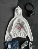 Мужское Белое Худи Утепленное на Флисе - Оверсайз с Вышивкой Череп в Розах