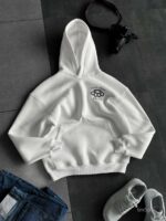 Мужское Белое Худи Утепленное на Флисе - Оверсайз с Вышивкой Череп в Розах