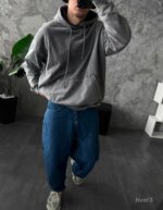 Мужское Темно-Серое Вареное Худи Оверсайз - Утепленное на Флисе