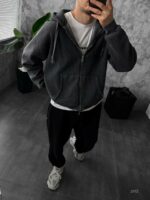 Мужское Графитовое Вареное Худи Зипка Оверсайз на Молнии - Утепленное на Флисе