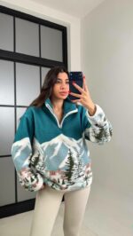 Женский Теплый Зеленый Свитер Оверсайз - Бомбер под Горло с Коротким Замком