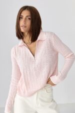 Женская Трикотажная Розовая Кофта Поло Косичка с Окантовкой