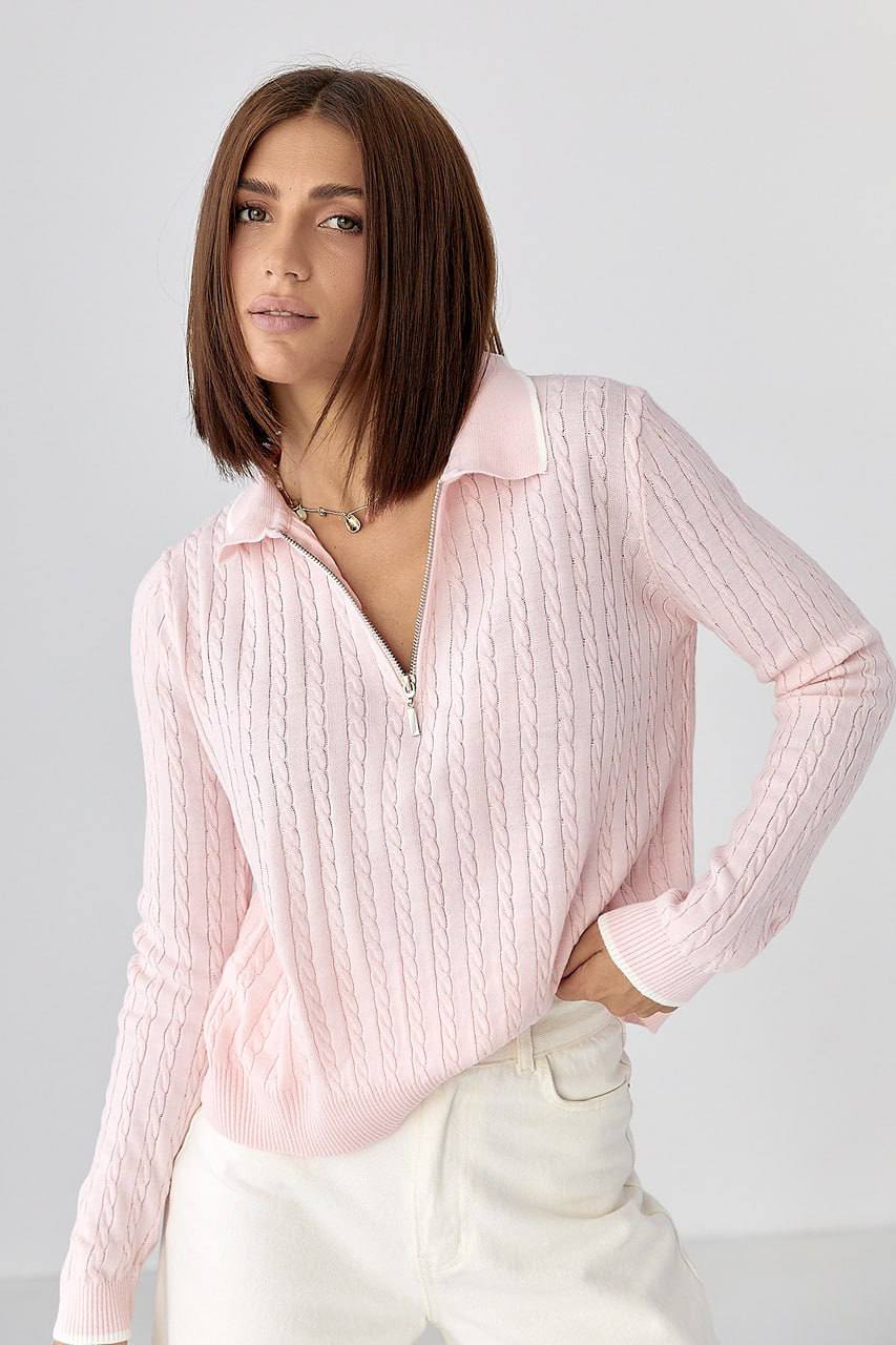 photo_2026-01-06_11-22-24 Женская Трикотажная Розовая Кофта Поло Косичка с Окантовкой