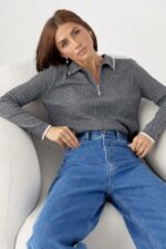Женская Трикотажная Серая Кофта Поло Косичка с Окантовкой