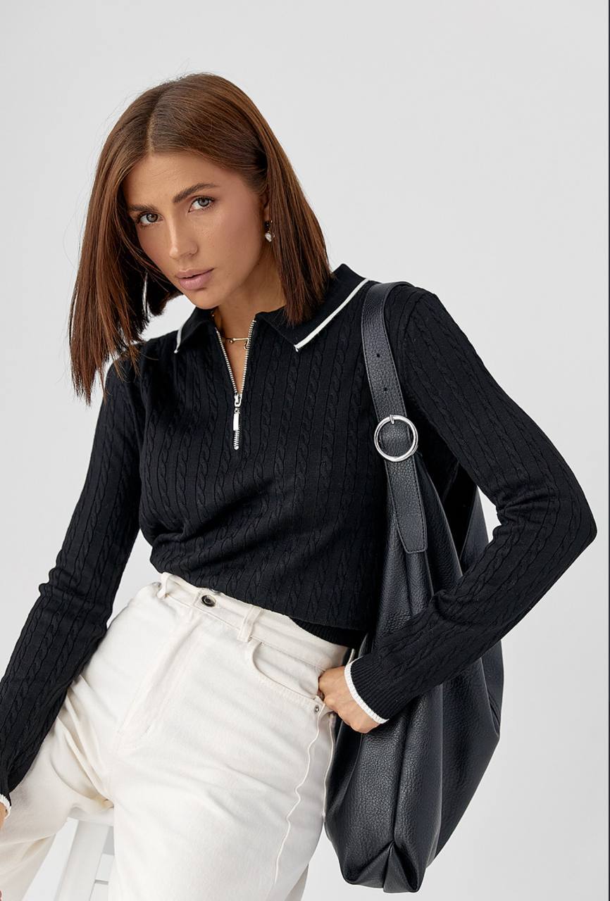 photo_2026-01-06_11-22-36 Женская Трикотажная Черная Кофта Поло Косичка с Окантовкой