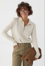 Женская Трикотажная Бежевая Кофта Поло Косичка с Окантовкой