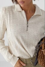 Женская Трикотажная Бежевая Кофта Поло Косичка с Окантовкой