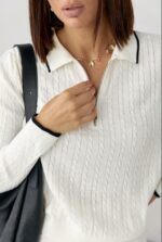 Женская Трикотажная Белая Кофта Поло Косичка с Окантовкой