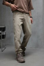 Мужские Бежевые Джинсы Прямого Кроя - Свободные с Грязным Эффектом