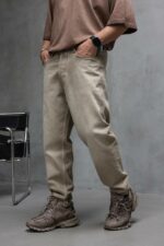 Мужские Бежевые Джинсы Прямого Кроя - Свободные с Грязным Эффектом
