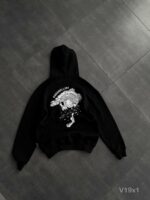 Мужское Черное Худи Оверсайз с Вышивкой на Спине - Утепленное на Флисе