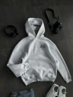 Мужское Худи Серое Меланж Оверсайз с Вышивкой на Спине - Утепленное на Флисе