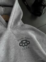 Мужское Худи Серое Меланж Оверсайз с Вышивкой на Спине - Утепленное на Флисе