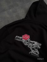 Мужское Утепленное Черное Худи Оверсайз на Флисе с Вышивкой Пистолет