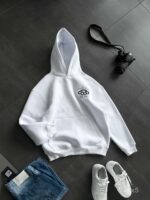 Мужское Утепленное Белое Худи Оверсайз на Флисе с Вышивкой Пистолет