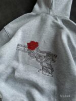 Мужское Утепленное Худи Серое Меланж Оверсайз на Флисе с Вышивкой Пистолет