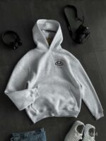 Мужское Утепленное Худи Серое Меланж Оверсайз на Флисе с Вышивкой Пистолет