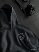 Мужское Утепленное Графитовое Худи Оверсайз на Флисе с Вышивкой Пистолет