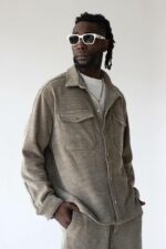 Мужская Оливковая Вельветовая Рубашка Оверсайз на Кнопках