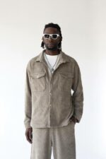 Мужская Оливковая Вельветовая Рубашка Оверсайз на Кнопках