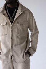 Мужская Бежевая Вельветовая Рубашка Оверсайз на Кнопках