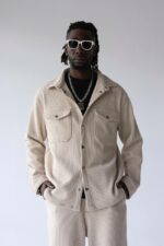 Мужская Бежевая Вельветовая Рубашка Оверсайз на Кнопках