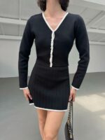 Женский Черный Костюм Двойка с Окантовкой - Кофта на Пуговицах + Юбка Мини