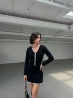 Женский Черный Костюм Двойка с Окантовкой - Кофта на Пуговицах + Юбка Мини