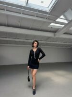 Женский Черный Костюм Двойка с Окантовкой - Кофта на Пуговицах + Юбка Мини