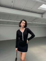 Женский Черный Костюм Двойка с Окантовкой - Кофта на Пуговицах + Юбка Мини