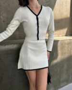 Женский Молочный Костюм Двойка с Окантовкой - Кофта на Пуговицах + Юбка Мини