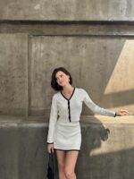 Женский Молочный Костюм Двойка с Окантовкой - Кофта на Пуговицах + Юбка Мини