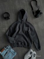 Мужское Графитовое Худи с Вышивкой на Спине Оверсайз (На Флисе)