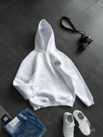 Мужское Белое Худи с Вышивкой на Спине Оверсайз (На Флисе)