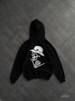 Мужское Черное Худи Оверсайз с Вышивкой Скелет (На Флисе)