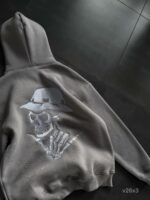 Мужское Серое Худи Оверсайз с Вышивкой Скелет (На Флисе)