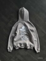 Мужское Серое Худи Оверсайз с Вышивкой Скелет (На Флисе)