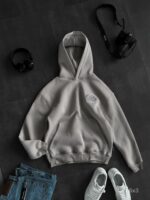 Мужское Серое Худи Оверсайз с Вышивкой Скелет (На Флисе)