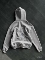 Мужское Утепленное Серое Худи на Флисе - Свободного Кроя с Вышивкой на Спине