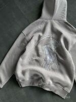 Мужское Утепленное Серое Худи на Флисе - Свободного Кроя с Вышивкой на Спине