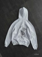 Мужское Утепленное Худи Серое Меланж на Флисе - Свободного Кроя с Вышивкой на Спине