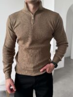Мужской Базовый Классический Свитер Мокко в Рубчик с Высокой Горловиной на Замке