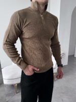 Мужской Базовый Классический Свитер Мокко в Рубчик с Высокой Горловиной на Замке