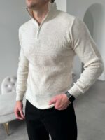 Мужской Базовый Классический Молочный Свитер в Рубчик с Высокой Горловиной на Замке