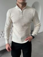 Мужской Базовый Классический Молочный Свитер в Рубчик с Высокой Горловиной на Замке