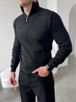 Мужской Базовый Классический Черный Свитер в Рубчик с Высокой Горловиной на Замке