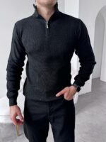 Мужской Базовый Классический Черный Свитер в Рубчик с Высокой Горловиной на Замке