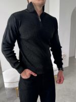 Мужской Базовый Классический Черный Свитер в Рубчик с Высокой Горловиной на Замке