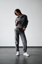 Женский Теплый Флисовый Темно-Серый Костюм - Рубашка + Штаны Джоггеры