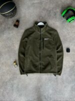 Мужская Теплая Флисовая Кофта Хаки под Горло на Молнии - Флиска с Вышивкой и Фиксаторами